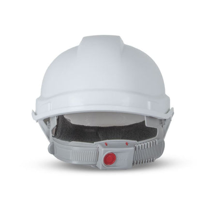 Back view of white push-lock safety helmet with adjustable strap and padded sweatband – AS/NZS 1801 certified and custom brandable from My Uniform Shop