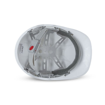  Inside view of white push-lock safety helmet showing 6-point harness, adjustable strap, and padded sweatband – certified to AS/NZS 1801 and custom brandable from My Uniform Shop
