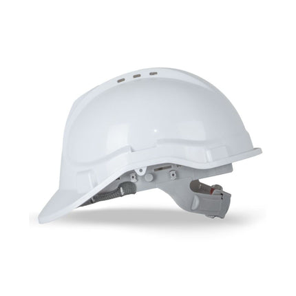 Side view of white push-lock safety helmet with ventilation holes and adjustable harness – certified to AS/NZS 1801, available with custom logo print from My Uniform Shop