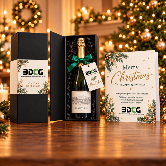 QA review: Black CHAMP1 packaging set, illustrated custom belly band, greeting card and one hang tag. Alcohol and ribbon not included. Colour indicative.