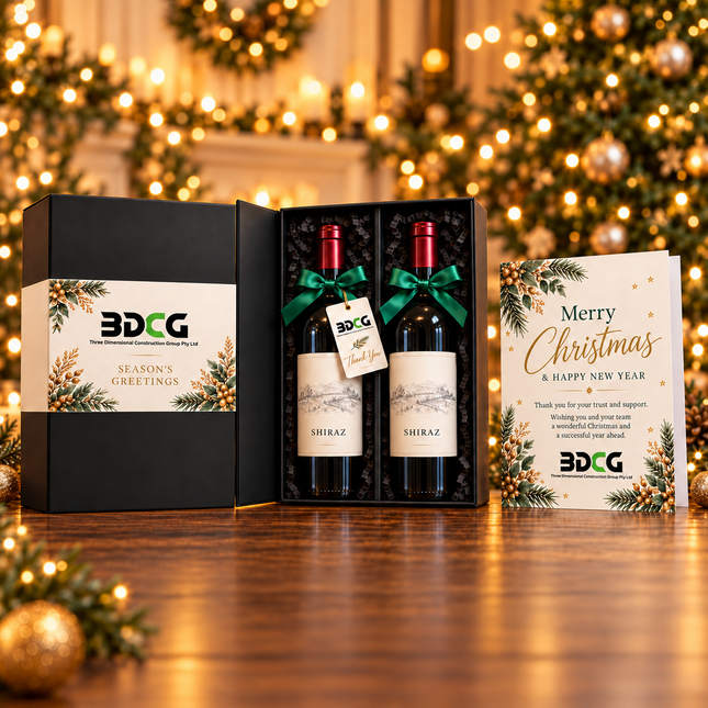 QA review: Black WINE2 packaging set, illustrated custom belly band, greeting card and one hang tag. Alcohol and ribbon not included. Colour indicative.