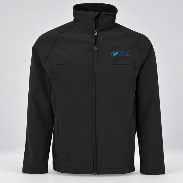 JB’s Wear Men’s Layer Softshell Jacket | 3LJ in Black, with example front chest embroidery on a warm grey background