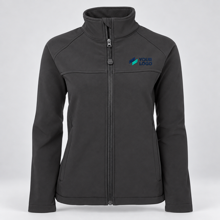 JB’s Wear Women’s Layer Softshell Jacket | 3LJ1 in Grey, with example front chest embroidery on a warm grey background