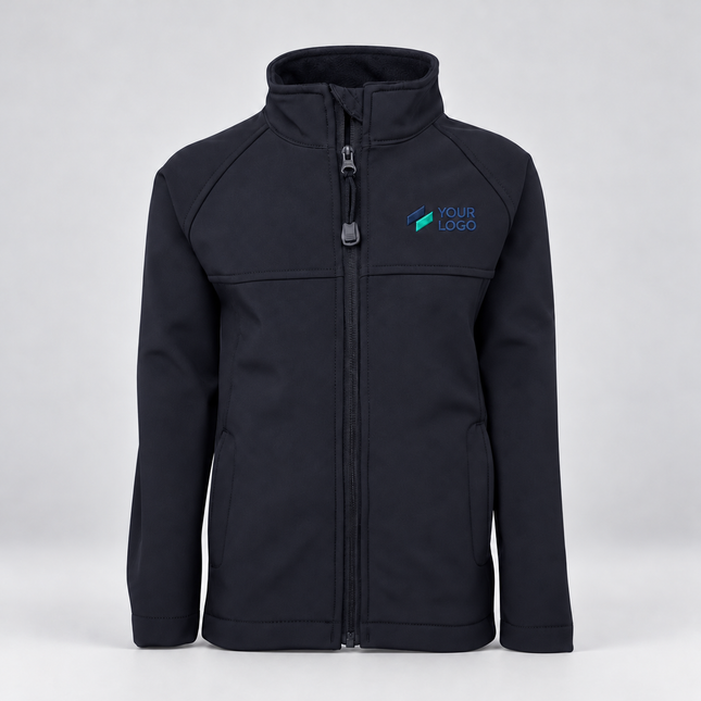 JB’s Wear Kids’ Layer Softshell Jacket | 3LJK in Navy, with example front chest embroidery on a warm grey background