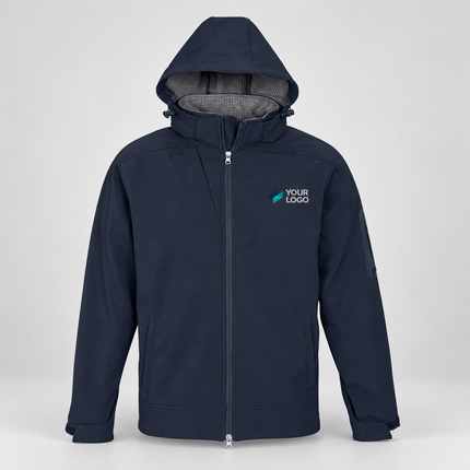 Biz Collection Men's Summit Softshell Jacket | J10910 in Navy Graphite, with example front chest embroidery on a warm grey background