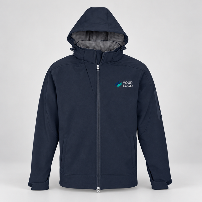 Biz Collection Men's Summit Softshell Jacket | J10910 in Navy Graphite, with example front chest embroidery on a warm grey background