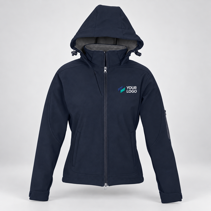 Biz Collection Women's Summit Softshell Jacket | J10920 in Navy/Graphite, with example front chest embroidery on a warm grey background