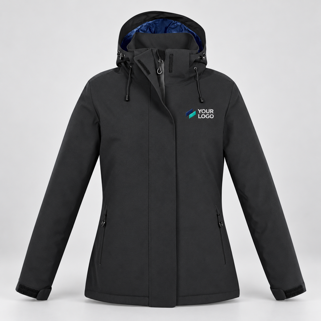 Biz Collection Women's Eclipse Jacket | J132L in Black, with example front chest embroidery on a warm grey background
