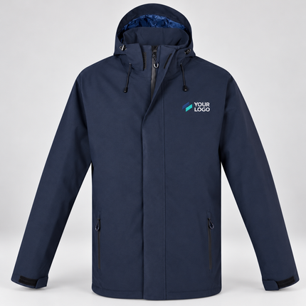 Biz Collection Men's Eclipse Jacket | J132M in Navy, with example front chest embroidery on a warm grey background