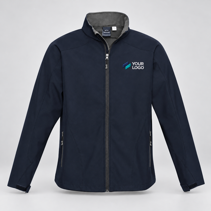 Biz Collection Kids' Geneva Softshell Jacket | J307K in Navy/Graphite, with example front chest embroidery on a warm grey background