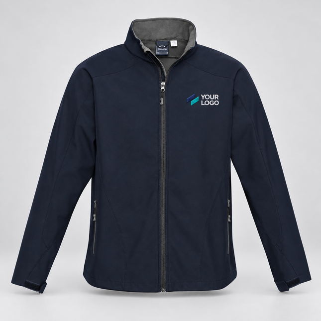 Biz Collection Kids' Geneva Softshell Jacket | J307K in Navy/Graphite, with example front chest embroidery on a warm grey background