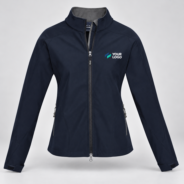 Biz Collection Women's Geneva Softshell Jacket | J307L in Navy/Graphite, with example front chest embroidery on a warm grey background
