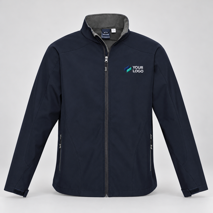 Biz Collection Men's Geneva Softshell Jacket | J307M in Navy/Graphite, with example front chest embroidery on a warm grey background