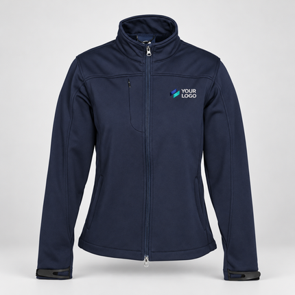 Biz Collection Women's Softshell Jacket | J3825 in Navy, with example front chest embroidery on a warm grey background