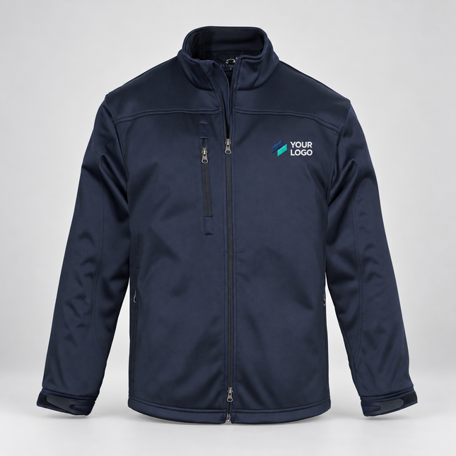 Biz Collection Men's Softshell Jacket | J3880 in Navy, with example front chest embroidery on a warm grey background