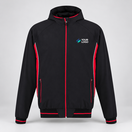 Biz Collection Kids' Titan 4-Way Stretch Jacket | J920K in Black/Red, with example front chest embroidery on a warm grey background
