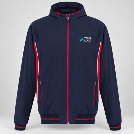 Biz Collection Men's Titan 4-Way Stretch Jacket | J920M in Navy/Red, with example front chest embroidery on a warm grey background