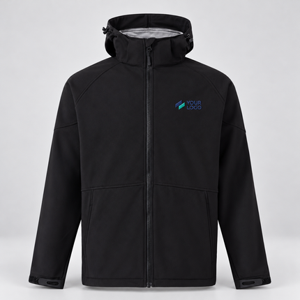 Winning Spirit Men’s Aspen Softshell Hooded Jacket | JK33 in Black Charcoal, with example front chest embroidery on a warm grey background