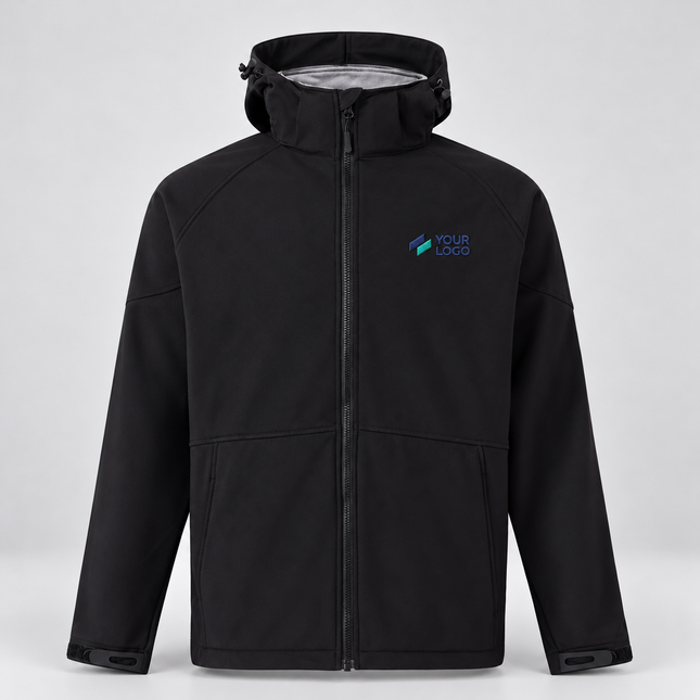 Winning Spirit Men’s Aspen Softshell Hooded Jacket | JK33 in Black Charcoal, with example front chest embroidery on a warm grey background