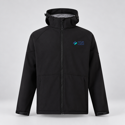 Winning Spirit Kids’ Aspen Softshell Hooded Jacket | JK33K in Black Charcoal, with example front chest embroidery on a warm grey background