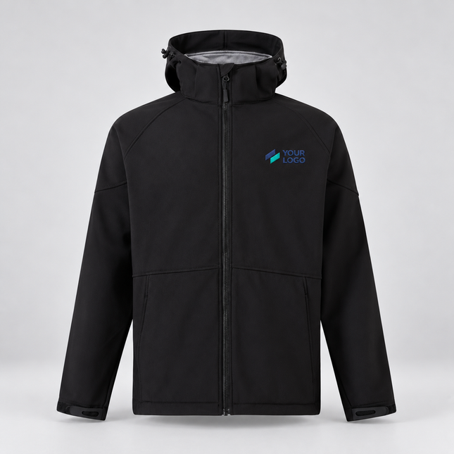 Winning Spirit Kids’ Aspen Softshell Hooded Jacket | JK33K in Black Charcoal, with example front chest embroidery on a warm grey background