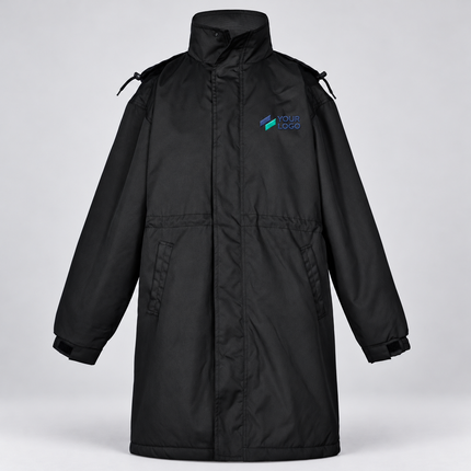 Winning Spirit Unisex Longline Stadium Jacket | JK50 in Black, with example front chest embroidery on a warm grey background