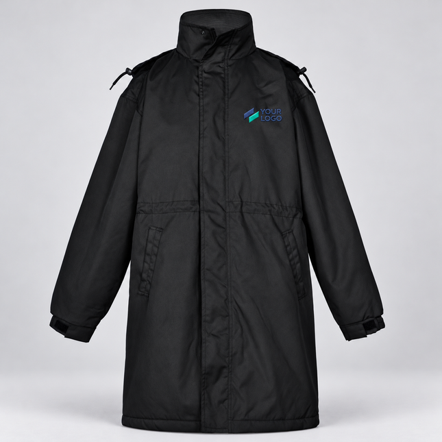 Winning Spirit Unisex Longline Stadium Jacket | JK50 in Black, with example front chest embroidery on a warm grey background