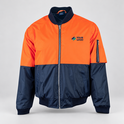 SW06A Orange/Navy garment, front view with illustrative YOUR LOGO chest embroidery on a warm grey background