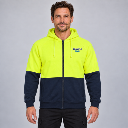 Winning Spirit SW24 Hi-Vis Full Zip Fleece Hoodie in Yellow, front view with a navy, teal and white example embroidered chest logo.