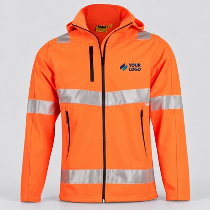SW30 Orange garment, front view with illustrative YOUR LOGO chest embroidery on a warm grey background