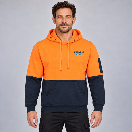Winning Spirit SW38 Hi-Vis Two-Tone Fleecy Hoodie in Orange/Navy, front view with a navy, teal and white example embroidered chest logo.