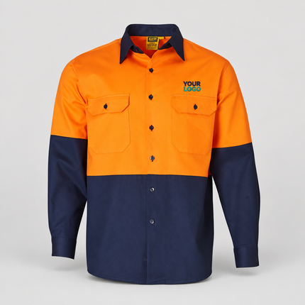 SW54 Orange/Navy long-sleeve work shirt, front view with illustrative navy and teal YOUR LOGO embroidery above the wearer-left chest pocket on a warm grey background.