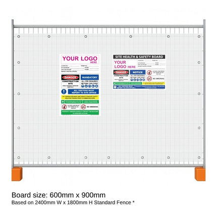A white grid security fence panel with a silver metal frame and orange corner blocks, shown with sample safety sign graphics on the board. Text below states board size 600mm x 900mm based on 2400mm W x 1800mm H Standard Fence.