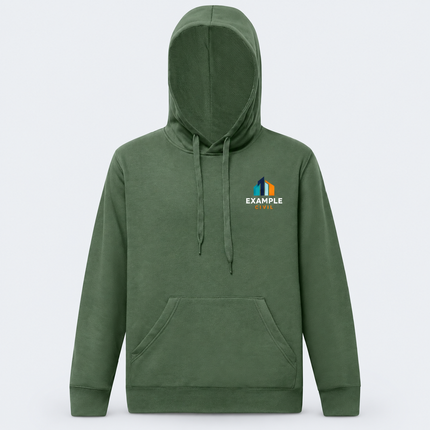 Winning Spirit Passion Fleece Hoodie FL09 in Army Green, front view with an illustrative full-colour EXAMPLE CIVIL left-chest digital print on a cool grey background