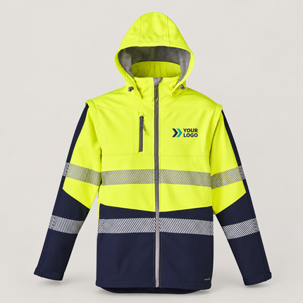 ZJ453 Yellow/Navy garment, front view with illustrative YOUR LOGO chest embroidery on a warm grey background