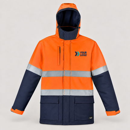 ZJ553 Orange/Navy garment, front view with illustrative YOUR LOGO chest embroidery on a warm grey background