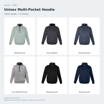 Syzmik Unisex Multi-Pocket Hoodie ZT467 colour guide showing Slate/Charcoal, Charcoal/Black, Petrol/Charcoal, Grey Marle/Charcoal, Black/Charcoal and Navy/Charcoal.