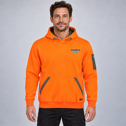 Syzmik ZT667 Water-Resistant Hoodie in Orange, front view with a navy, teal and white example embroidered chest logo.