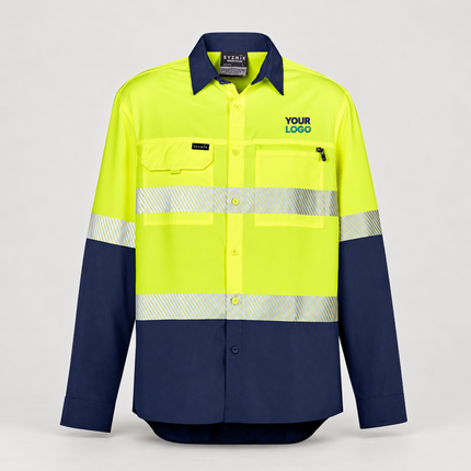 ZW470 Yellow/Navy long-sleeve work shirt, front view with illustrative navy and teal YOUR LOGO embroidery above the wearer-left chest pocket on a warm grey background.