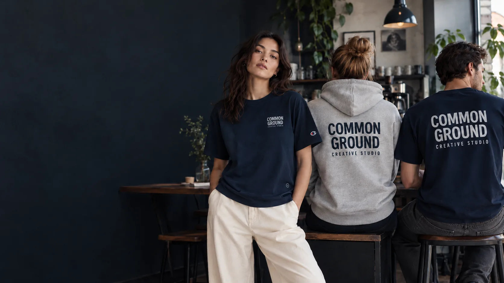 Illustrative custom apparel with front and back logos